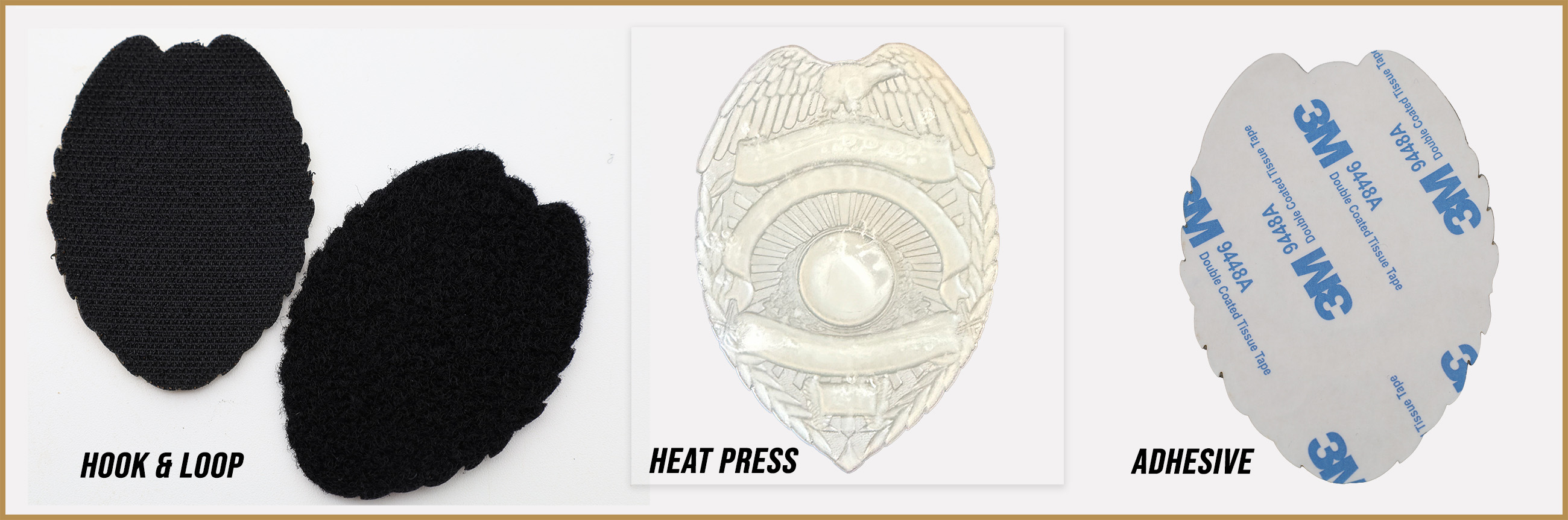 Badge and wallet Flex badge attachments, heat press, adhesive and hook and loop